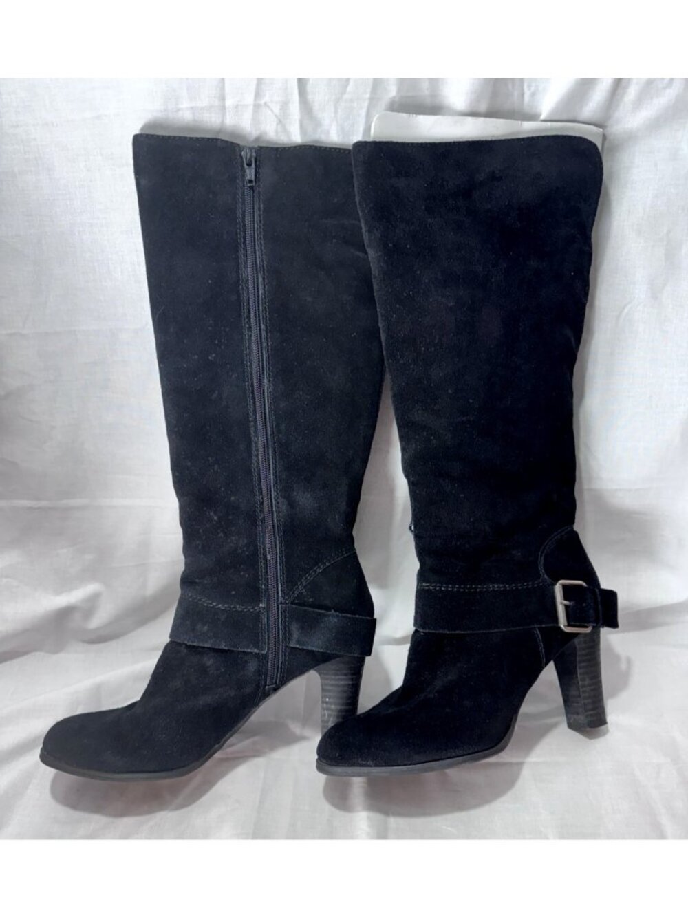 Nine West Black Suede Knee High Boots Womens sz 8.5 Side Zip Heels